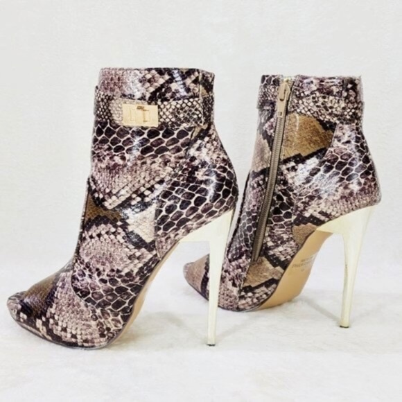 * Mona Mia Snakeskin Print Open Toe 4 3/4" Gold Trim Stiletto Heel Ankle Boots - Picture 2 of 7